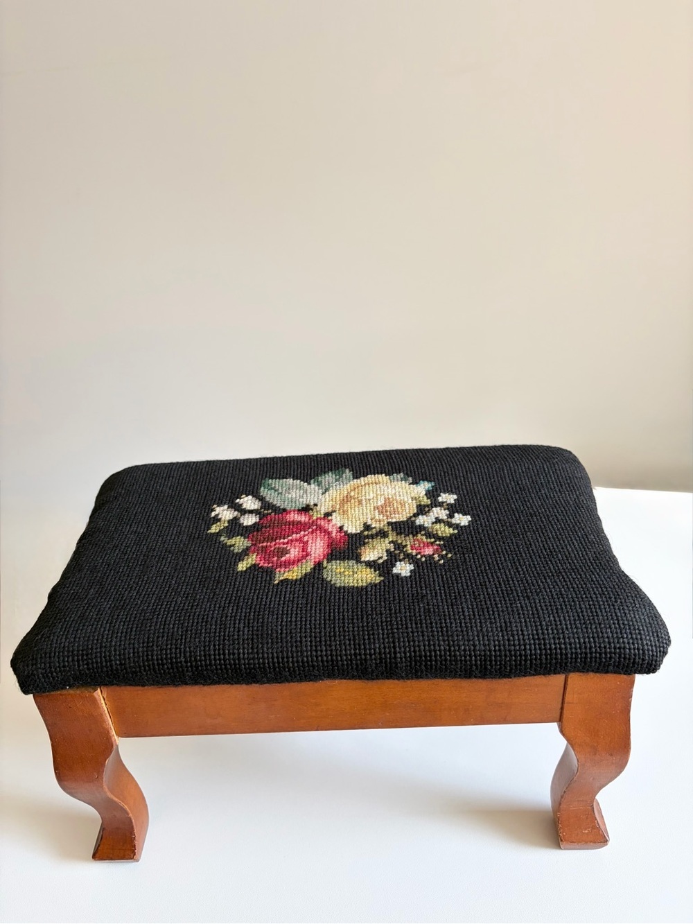 Vintage Floral Needlepoint Footstool Handmade Cottagecore Grannycore